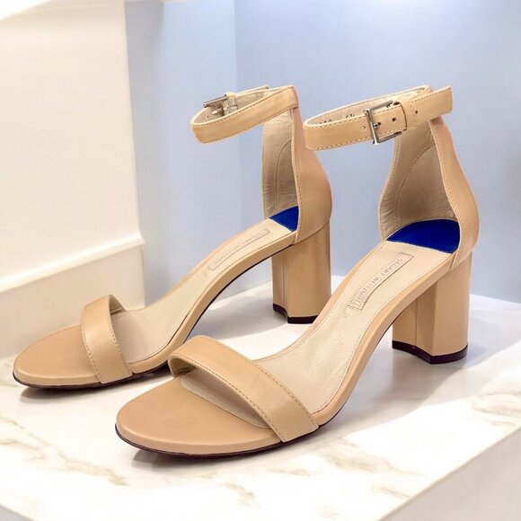 Stuart Weitzman 75 LessNudist Leather Ankle Strap Block Heel Sandals in Beige‎ 6 - Picture 1 of 13